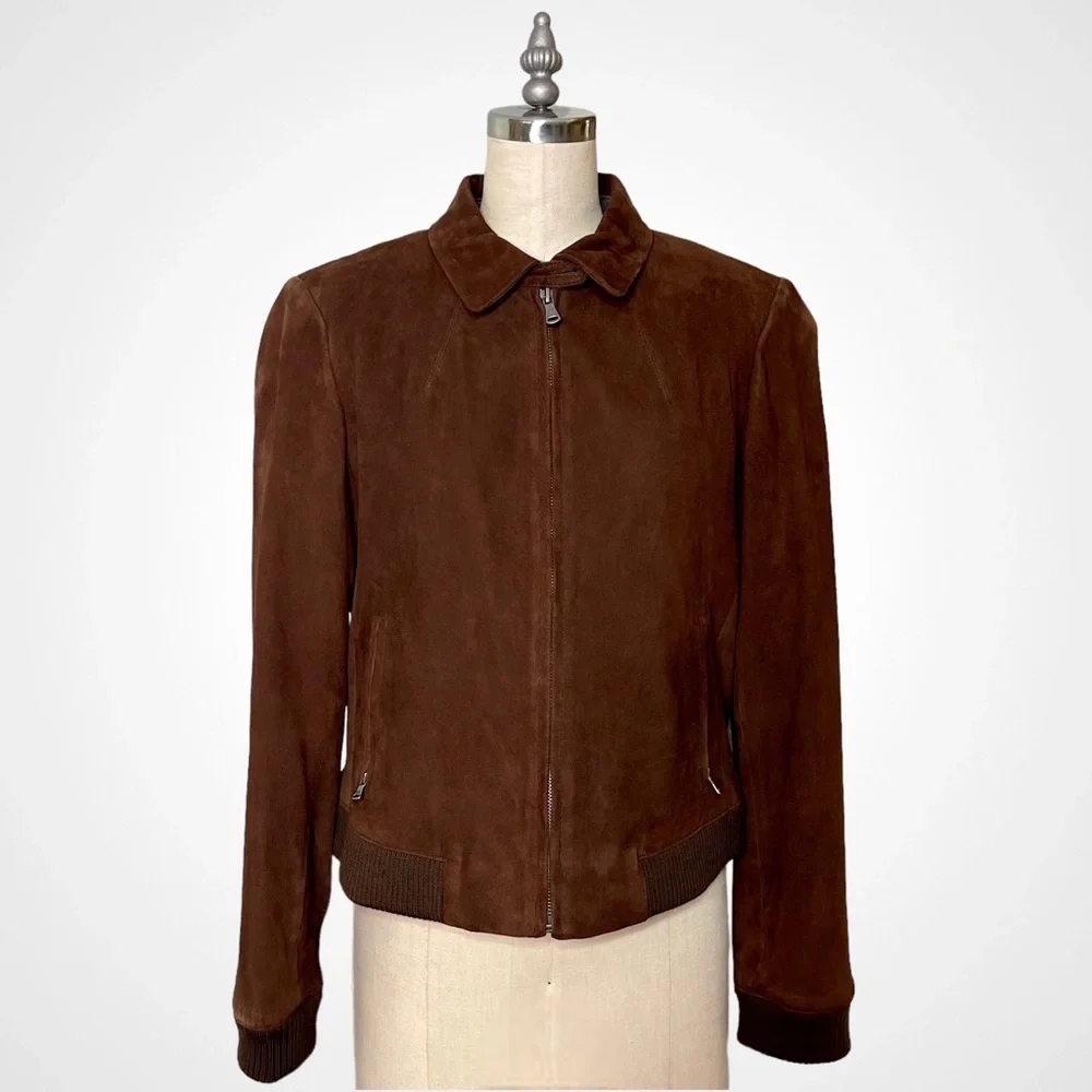Talbots Brown Suede Leather Bomber Jacket Coat Size 14 - Picture 15 of 15